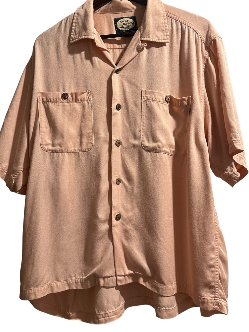 Tommy Bahama Cigar Club Relax Embroidered Rayon Camp Shirt Peach Sz L